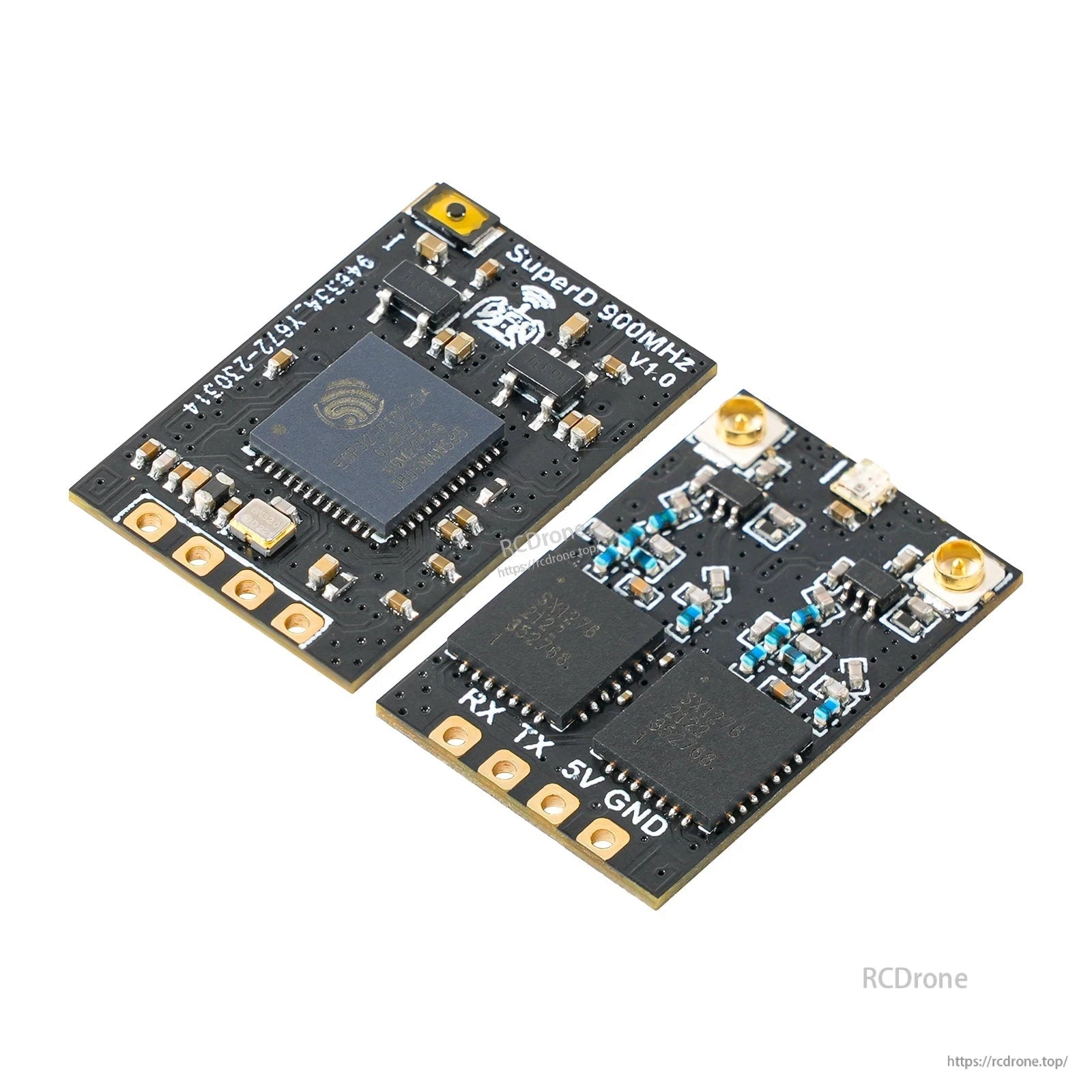SuperD 900MHz receiver front and back view, showing U.FL connectors and RX TX 5V GND pads