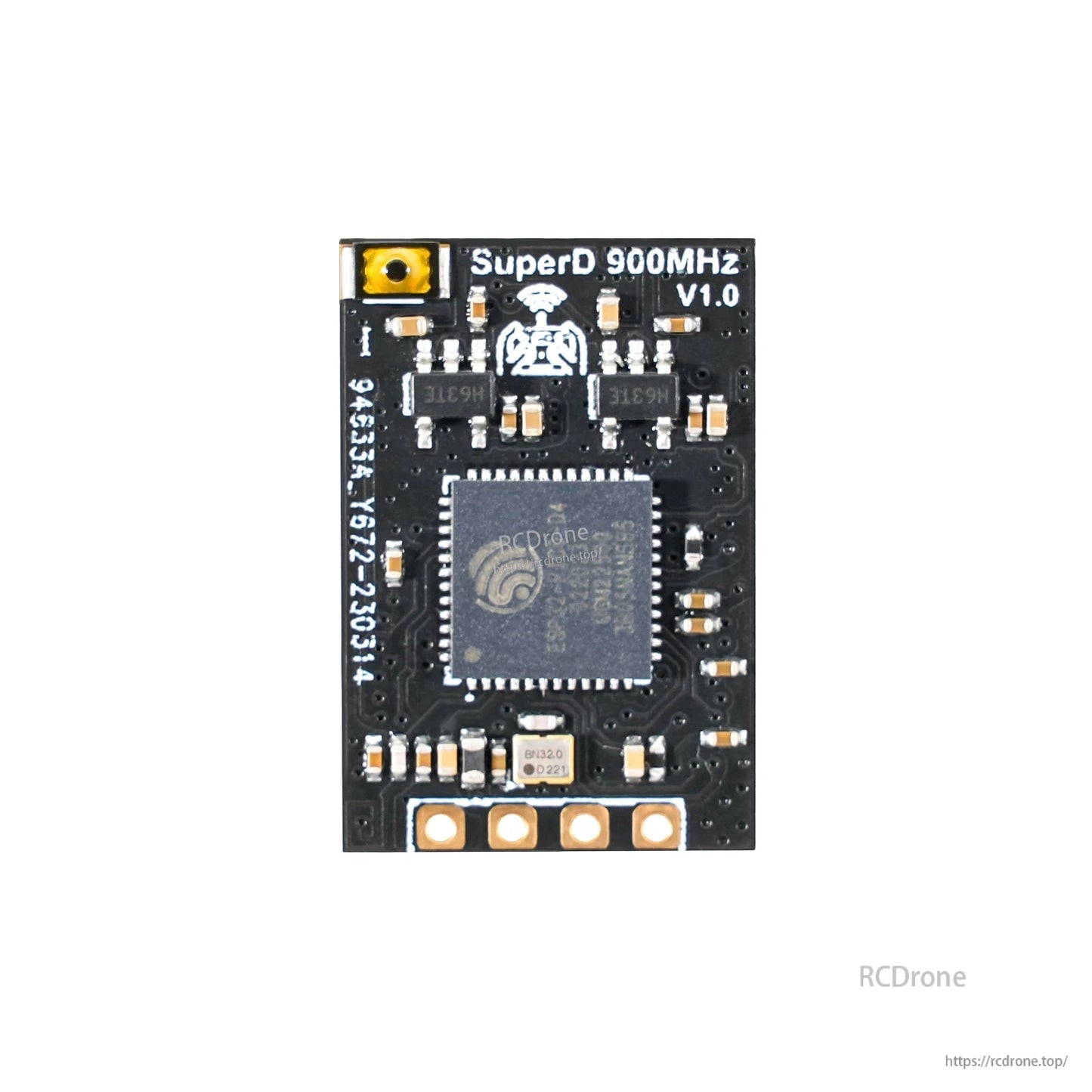 SuperD 900MHz V1.0 receiver board close-up with U.FL antenna connector and solder pads