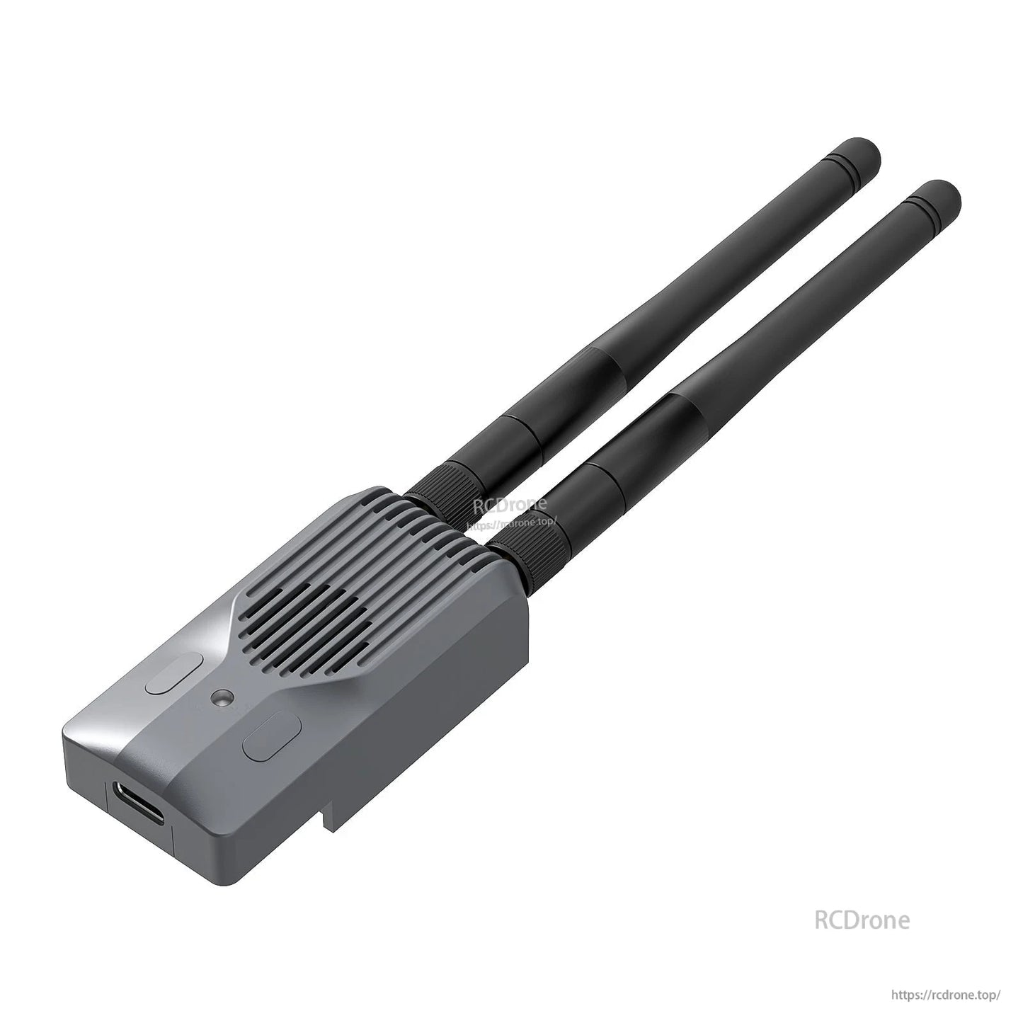 BETAFPV SuperG Nano Transmitter in gray finish with dual antennas and USB-C port, angled view