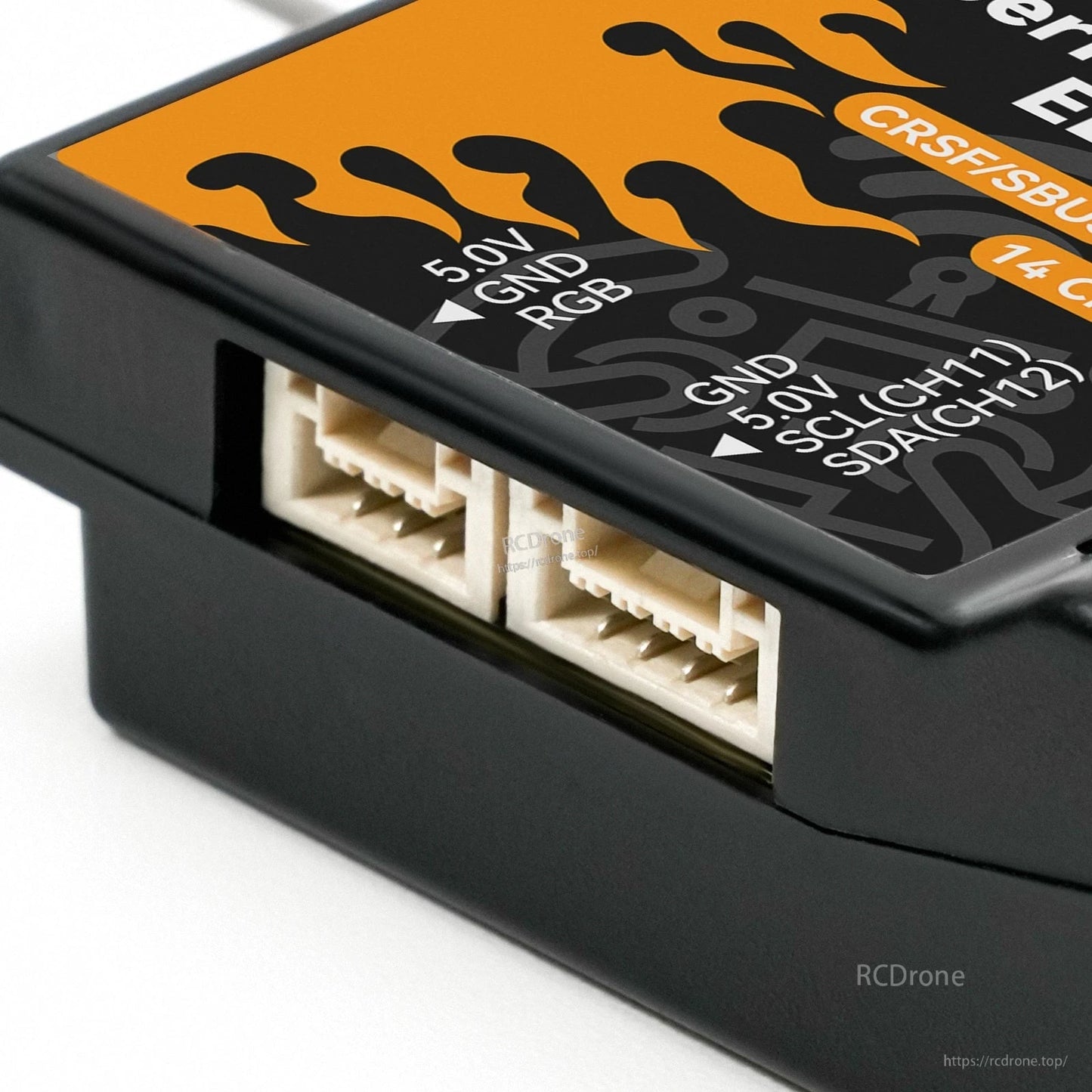 Side close-up of two white plug connectors with pin labels for 5.0V, GND, RGB and SCL/SDA