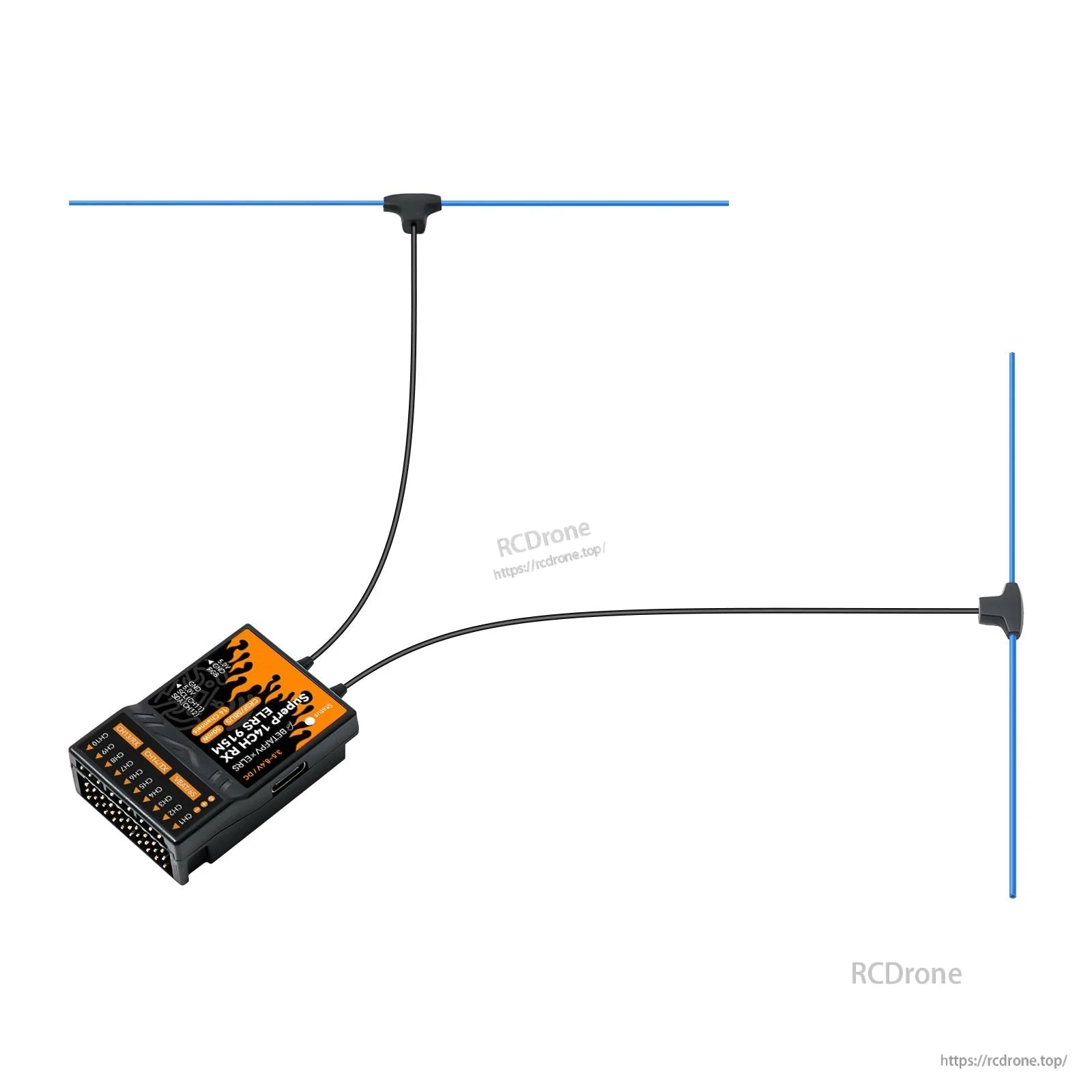 Receiver with antennas routed in a wide layout, showing two antenna ends and lead positions