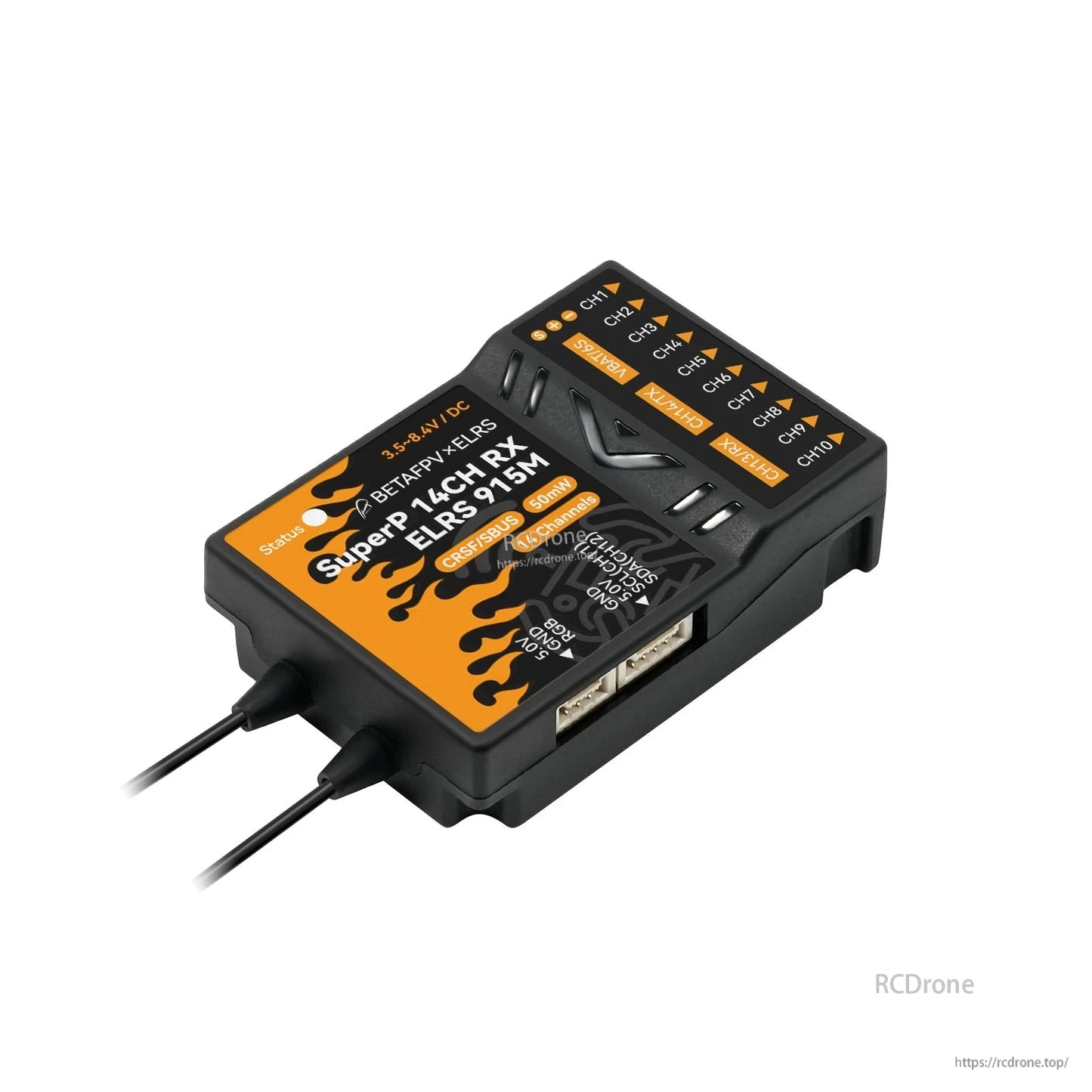 SuperP 14CH RX ELRS 915MHz label view, top angle with dual antennas and channel markings