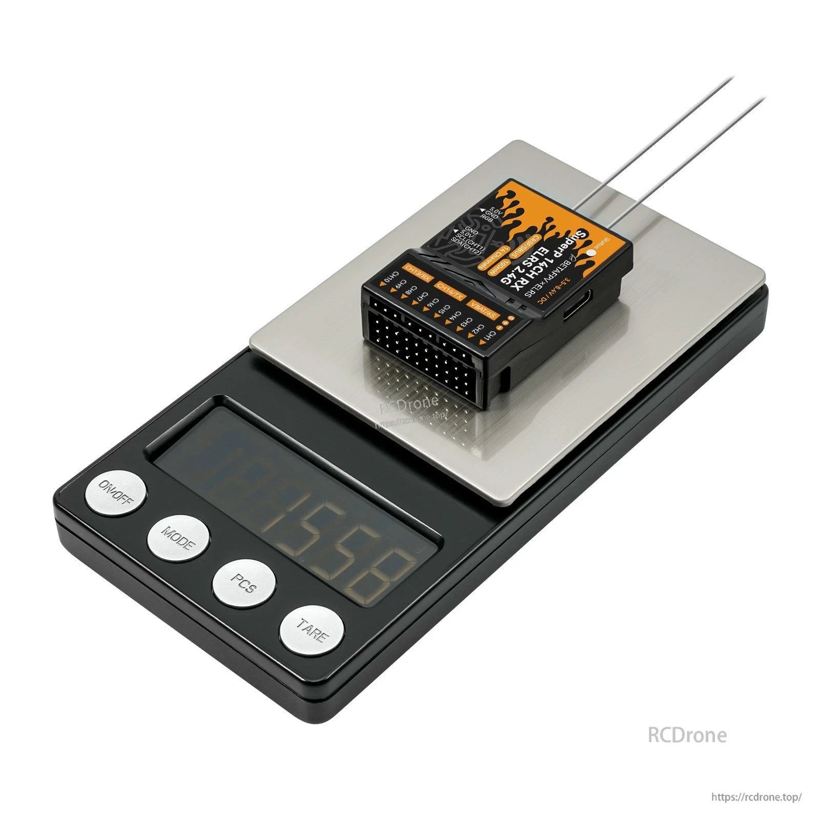 Receiver resting on a digital scale, weight reference view from above