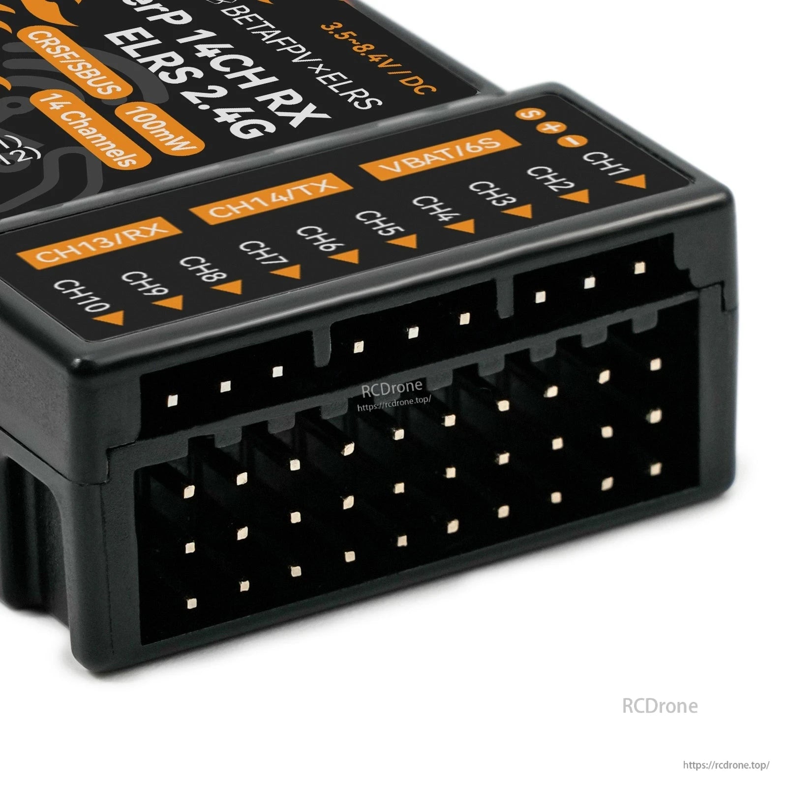 BETAFPV SuperP 14CH diversity receiver front pin header close-up with CH and VBAT/LS labels