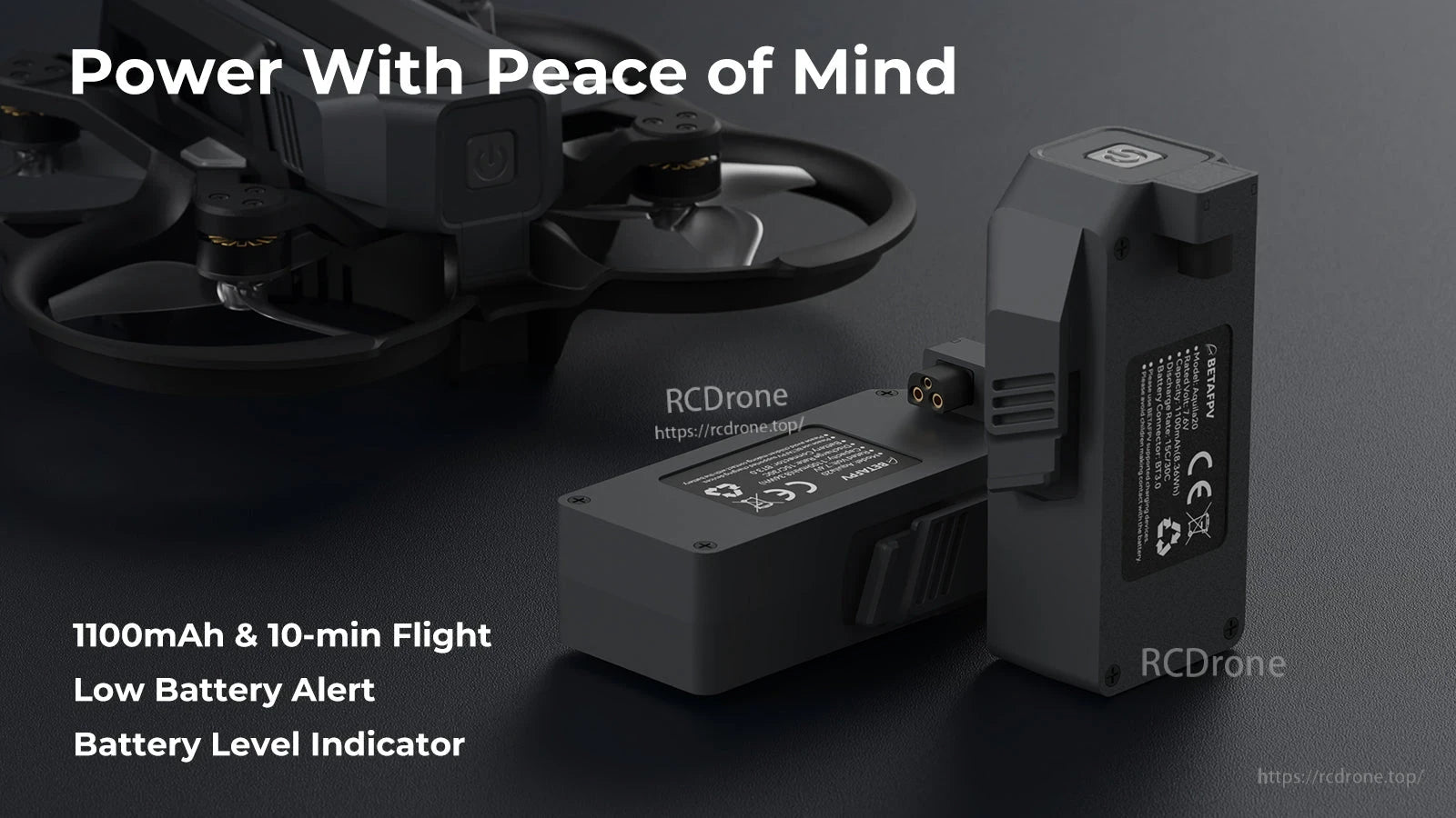 BETAFPV, 1100mAh battery, 10-min flight, low alert, level indicator