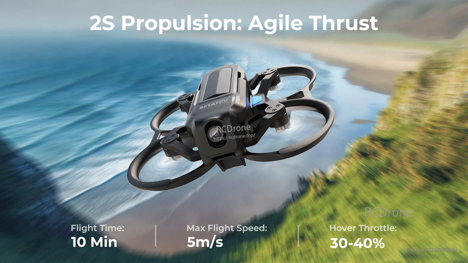 BETAFPV drone features 2S propulsion, 10-minute flight time, 5m/s speed, and 30-40% hover throttle for efficient performance.