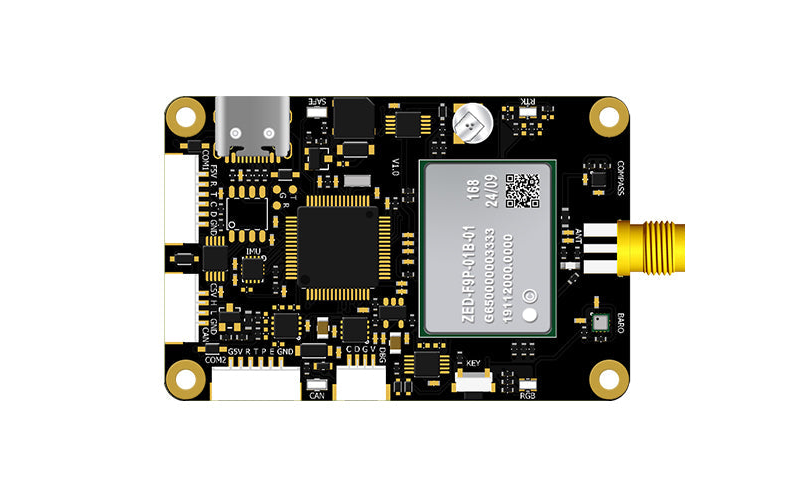 Beitian BG-518 ZED-F9P GNSS RTK board close-up with RF antenna connector and pin headers