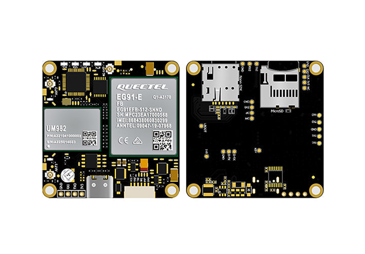 BG-550 4G RTK GNSS module PCB, top side with UM982 and Quectel EG91-E plus underside view