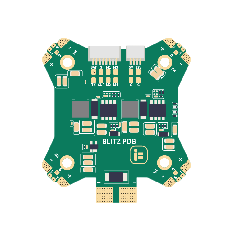 iFlight BLITZ PDB power distribution board with BAT, 5V/12V pads, motor outputs M1–M4 and mounting holes