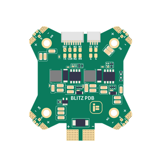 iFlight BLITZ PDB power distribution board with BAT, 5V/12V pads, motor outputs M1–M4 and mounting holes