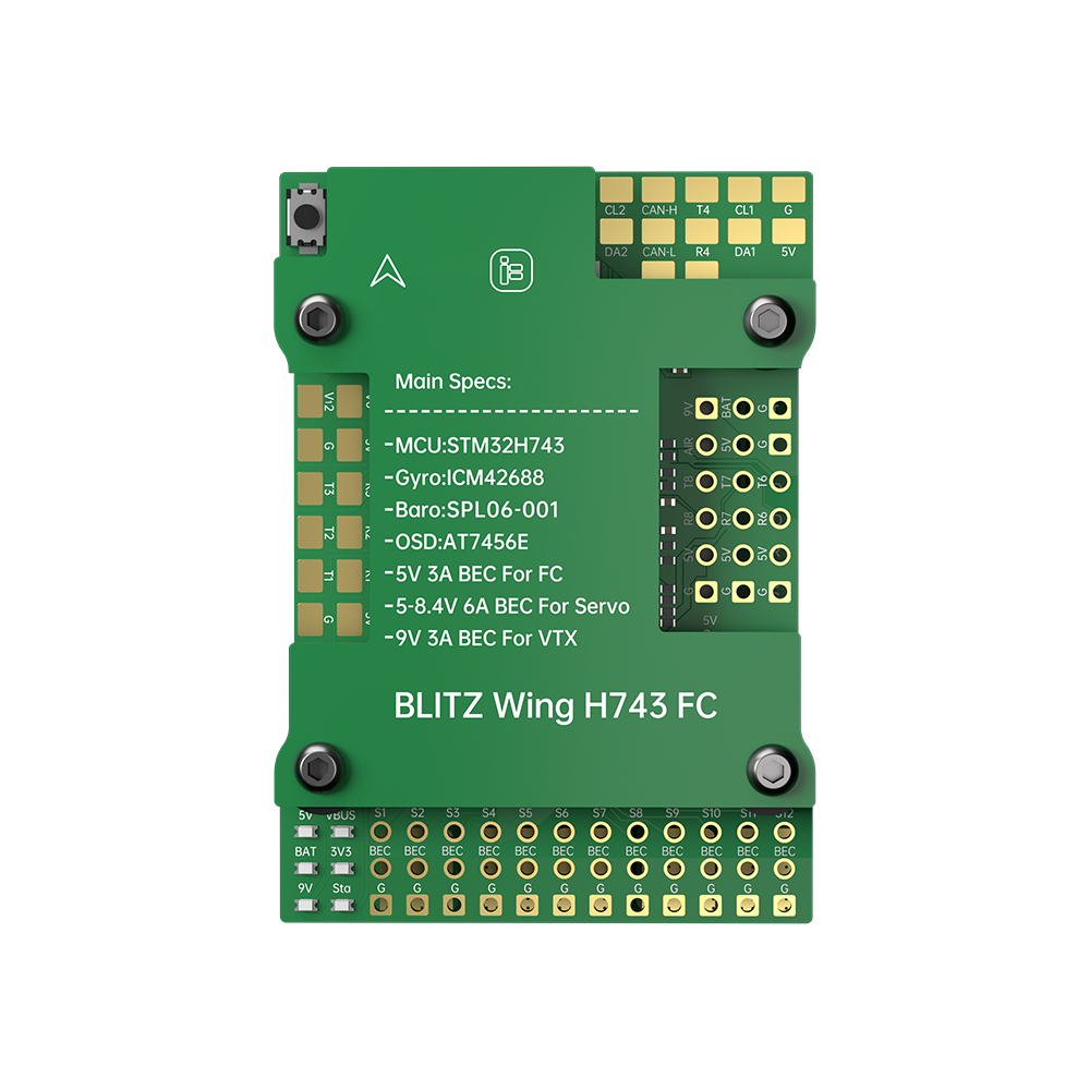 iFlight BLITZ Wing H743 FC features STM32H743 MCU, ICM42688 gyro, SPL06-001 baro, AT7456E OSD, and multiple BECs for FC, servo, and VTX.