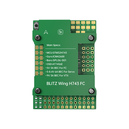 iFlight BLITZ Wing H743 FC features STM32H743 MCU, ICM42688 gyro, SPL06-001 baro, AT7456E OSD, and multiple BECs for FC, servo, and VTX.