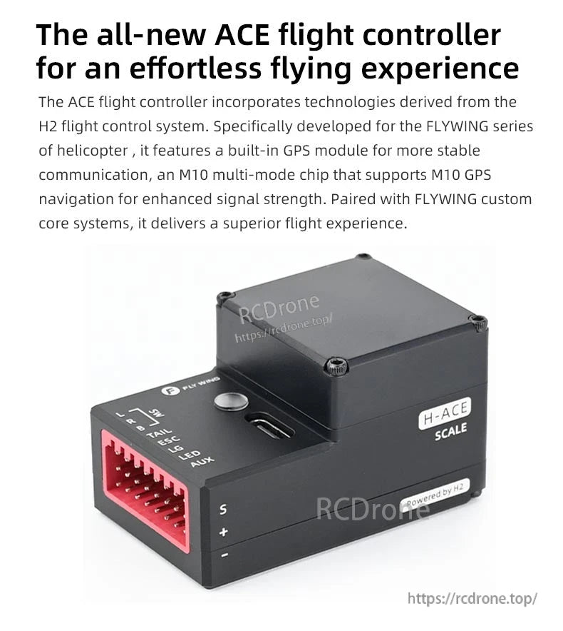 BO-105 Ace RC Helicopter, The ACE flight controller, based on H2, offers stable GPS navigation and precise control for FLYWING helicopters, featuring integrated systems, compact design, and reliable performance for scale models.