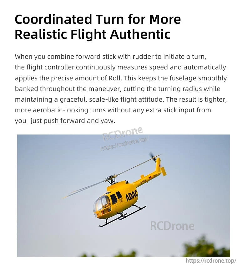 BO-105 Ace RC Helicopter, Forward stick with rudder enables smooth, tight turns via precise roll control, demonstrated by a yellow ADAC helicopter flying authentically in clear sky.