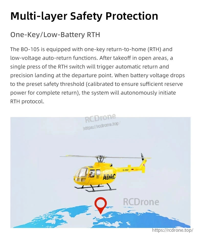 BO-105 Ace RC Helicopter, Yellow ADAC-branded BO-105 RC helicopter features one-key return-to-home, low-battery auto-return, and multi-layer protection for safe, reliable outdoor flights.