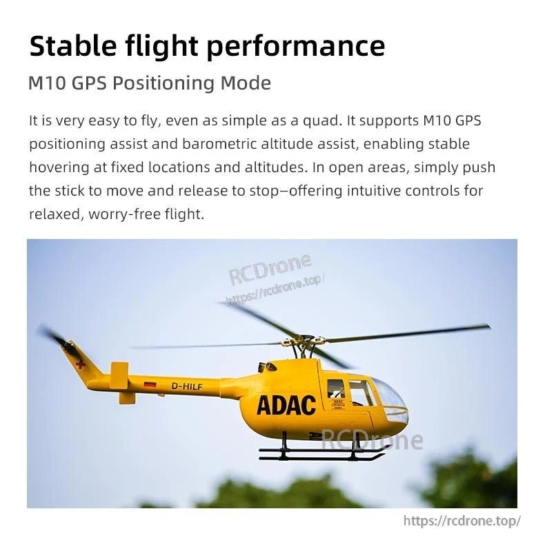 The BO-105 Ace RC Helicopter features M10 GPS and barometric assist for stable flight, with intuitive controls ideal for easy hovering and relaxed flying in open areas. (24 words)
