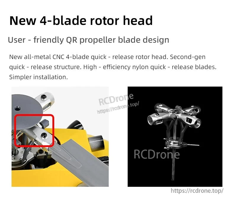 BO-105 Ace RC Helicopter, 4-blade rotor head with quick-release props, all-metal CNC build, easy installation, and durable nylon blades.