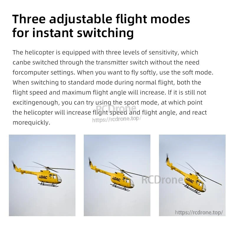 BO-105 Ace RC Helicopter, Three adjustable flight modes—soft, standard, sport—offer beginner to advanced agility; the ADAC-branded yellow helicopter soars mid-flight, demonstrating responsiveness in clear sky. (24 words)