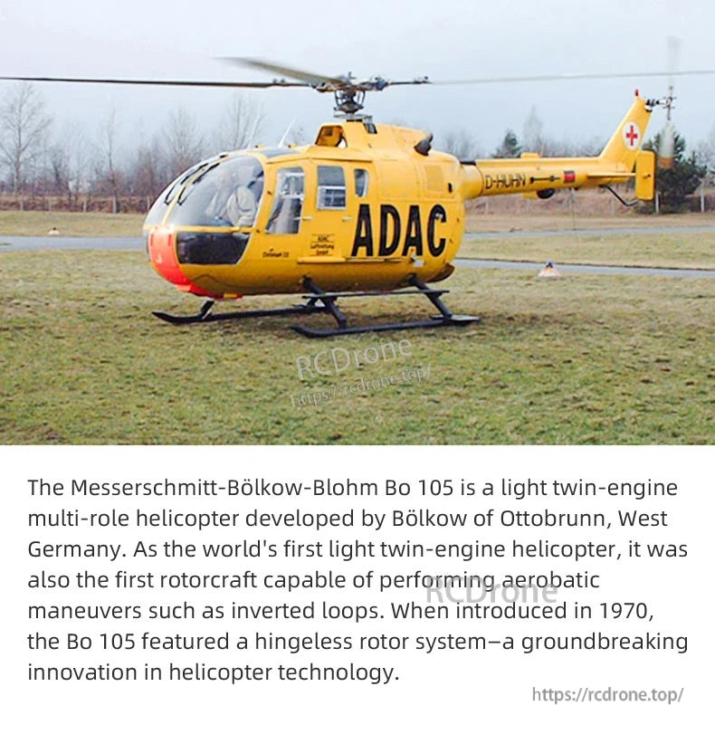 BO-105 Ace RC Helicopter, The MBB Bo 105, a pioneering German twin-engine helicopter from 1970, was the first light aerobatic rotorcraft with a hingeless rotor system, widely used in rescue roles like this ADAC-marked D-HUHN.