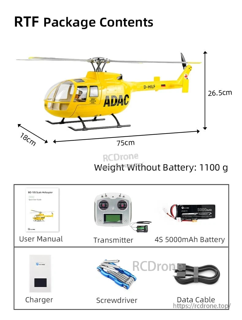BO-105 Ace RC Helicopter, BO-105 RC helicopter, 75cm long, 1100g (no battery), includes transmitter, 4S 5000mAh battery, charger, tools, and manual.