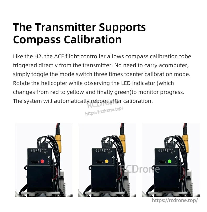 BO-105 Ace RC Helicopter, Calibrate compass via ACE flight controller by toggling mode switch three times, rotating helicopter until LED turns green; system reboots automatically. (24 words)