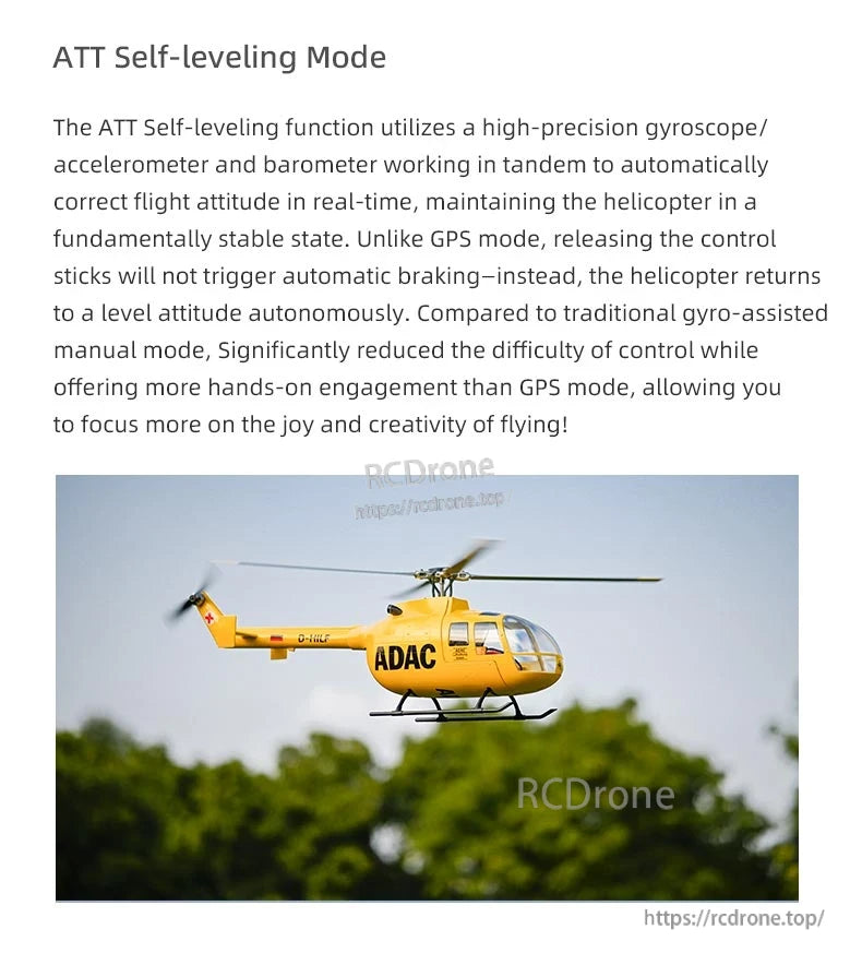 BO-105 Ace RC Helicopter, ATT Self-leveling Mode uses sensors for automatic stabilization, making flying easier and more responsive without GPS, offering a hands-on experience when controls are released.