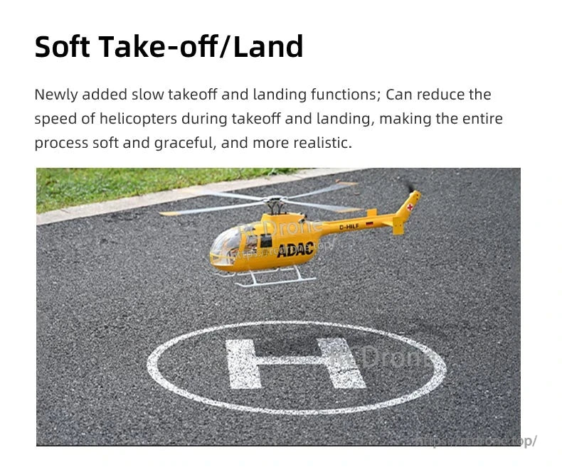BO-105 Ace RC Helicopter, Yellow ADAC RC helicopter performs soft takeoff and landing for realistic, graceful operation on helipad.