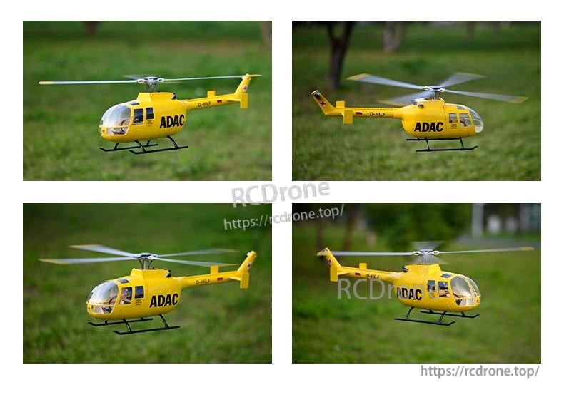 BO-105 Ace RC Helicopter, A scale RC helicopter with a metal CNC rotor head, brushless motor, and advanced flight controller features.