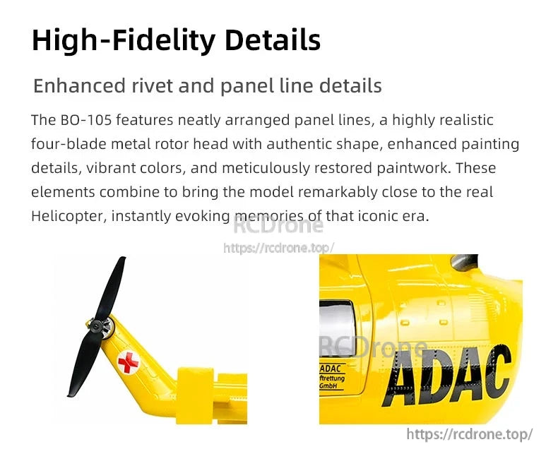 BO-105 Ace RC Helicopter, The BO-105 features enhanced rivet and panel line details, realistic rotor head, and meticulous paintwork for high-fidelity realism.