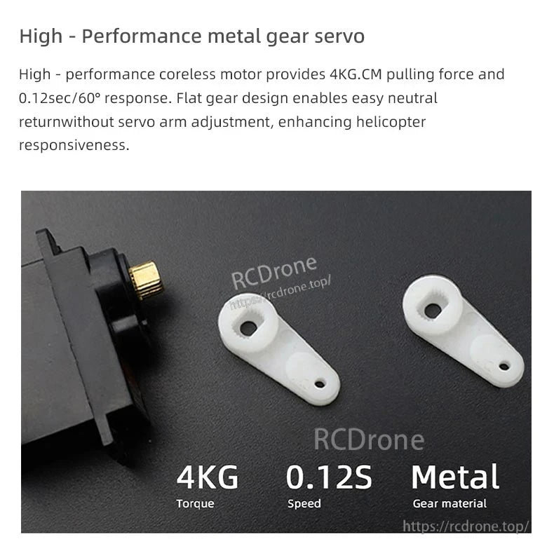 BO-105 Ace RC Helicopter, High-performance 4KG torque servo with metal gears and 0.12S speed for improved helicopter responsiveness.