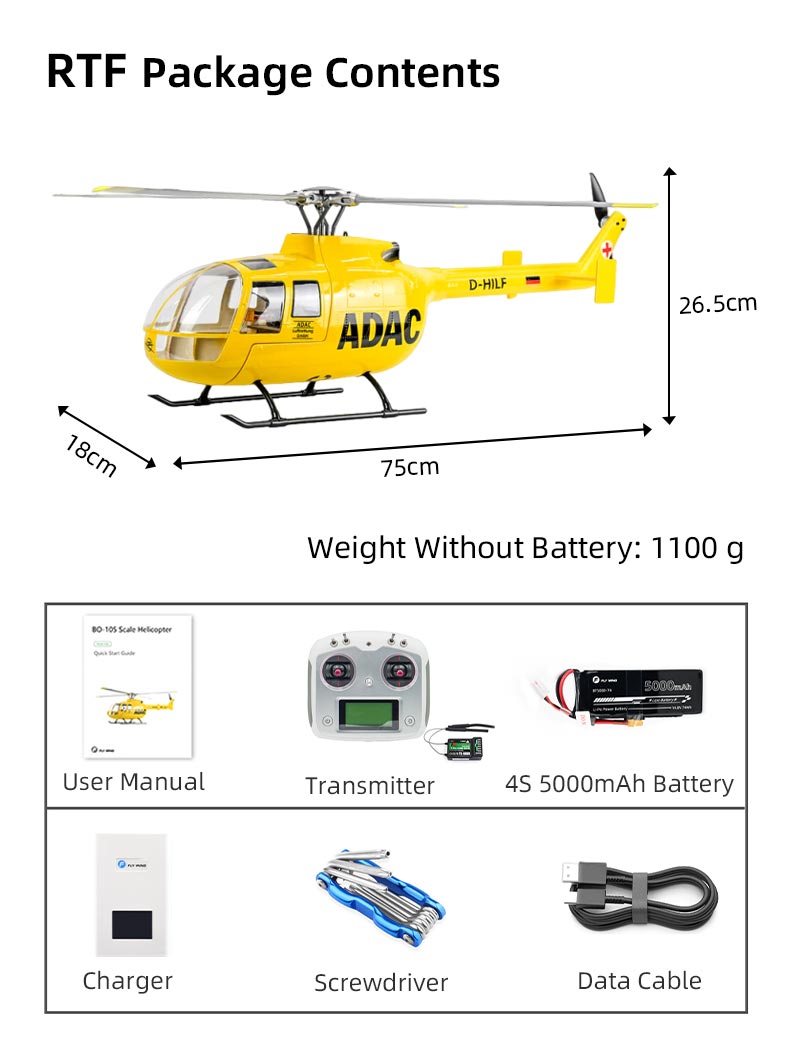 RTF package includes ADAC helicopter, transmitter, 5000mAh battery, charger, tools, and manual. Dimensions: 75×18×26.5cm, weight: 1100g (without battery).