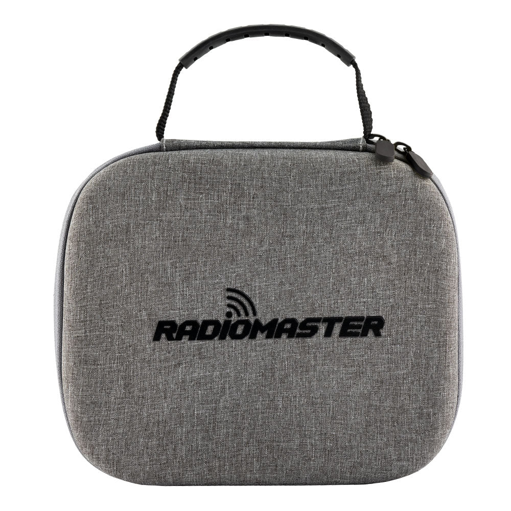 RadioMaster Boxer Radio Carry Case front view, gray fabric hard shell with handle and embroidered logo