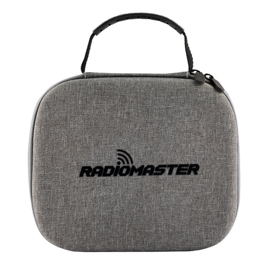 RadioMaster Boxer Radio Carry Case front view, gray fabric hard shell with handle and embroidered logo