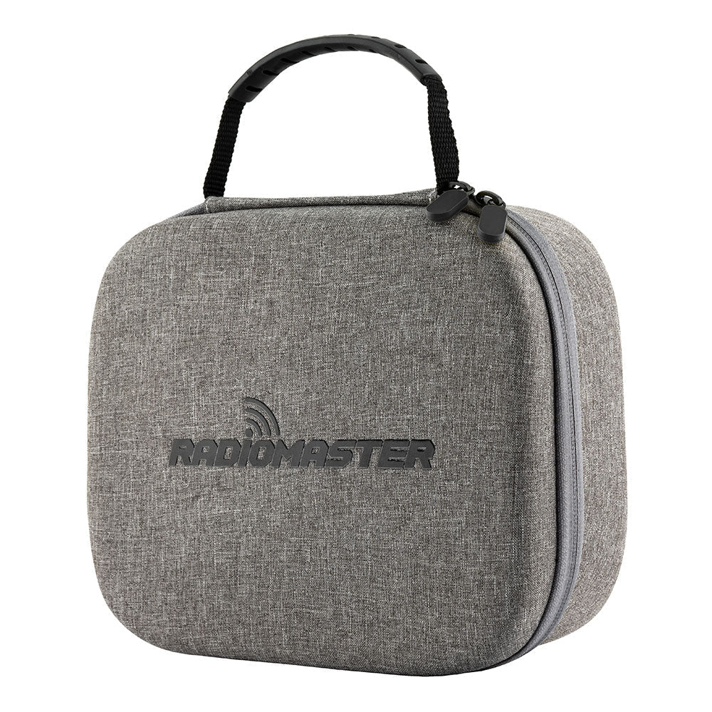 RadioMaster Boxer radio carry case angled view showing side zipper, rounded hard-shell design, and top handle