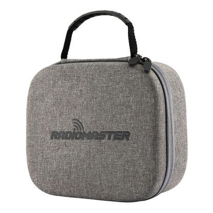 RadioMaster Boxer radio carry case angled view showing side zipper, rounded hard-shell design, and top handle