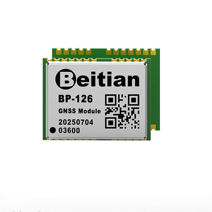 Beitian BP-126 compact GNSS module OEM, top label view with QR code
