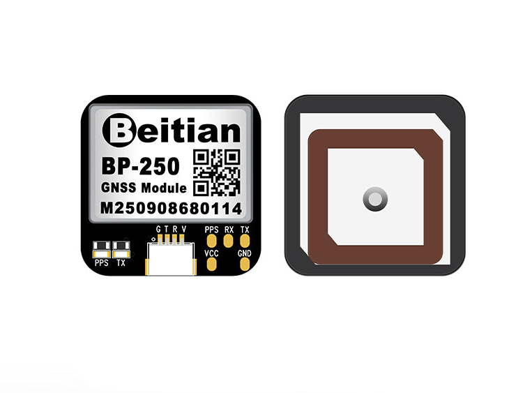 Beitian BP-250 GNSS module with ceramic patch antenna, top and bottom views side by side