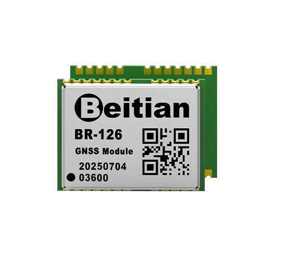 Beitian BR-126 GNSS module close-up showing top label and QR code on green PCB