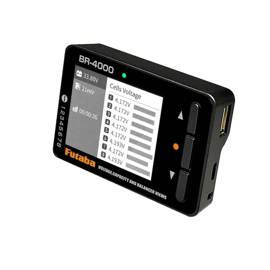 Angled view of Futaba BR-4000 checker showing side control buttons and LCD cell voltage bars