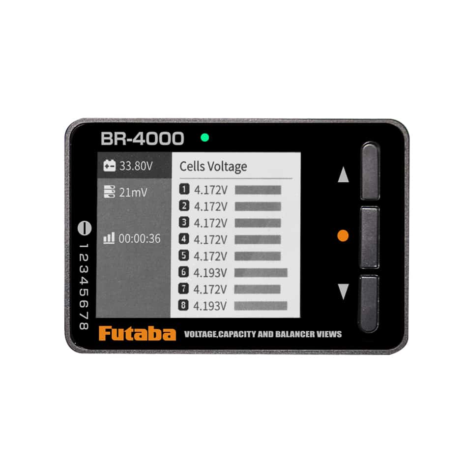 Futaba BR-4000 battery/servo/receiver checker front view with cells voltage screen display