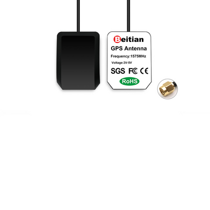 Black Beitian GPS antenna module with cable and label, SMA-J connector shown beside