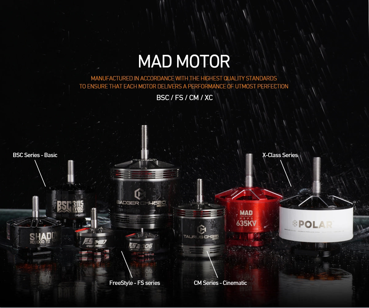 MAD BSC2807.5 1300KV 1500KV FPV Brushless Motor, High-quality MAD motor with advanced designs and specifications for FPV drones.