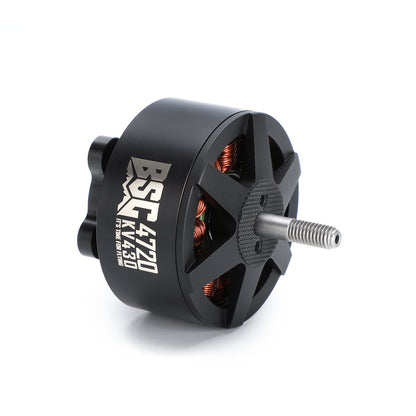 MAD BSC 4720 430KV FPV drone motor with black 4720 housing, visible copper windings, and threaded shaft
