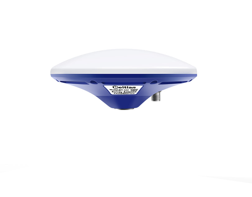 Beitian BT-100 GNSS antenna side profile showing underside label and TNC connector port