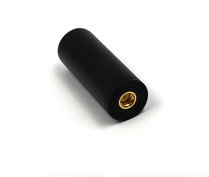 Compact black cylindrical GNSS helical antenna with gold SMA female connector, angled view