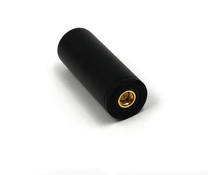 Compact black cylindrical GNSS helical antenna with gold SMA female connector, angled view