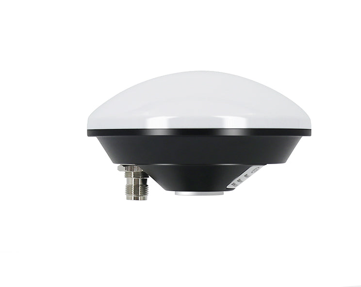 BT-208 GNSS antenna side profile with bottom RF connector, white radome and black housing