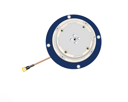 Top view of round GNSS antenna module with four mounting holes and coax pigtail lead