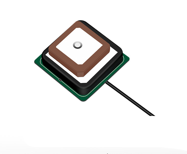 3D render of small square GNSS patch antenna module with cable lead on green PCB
