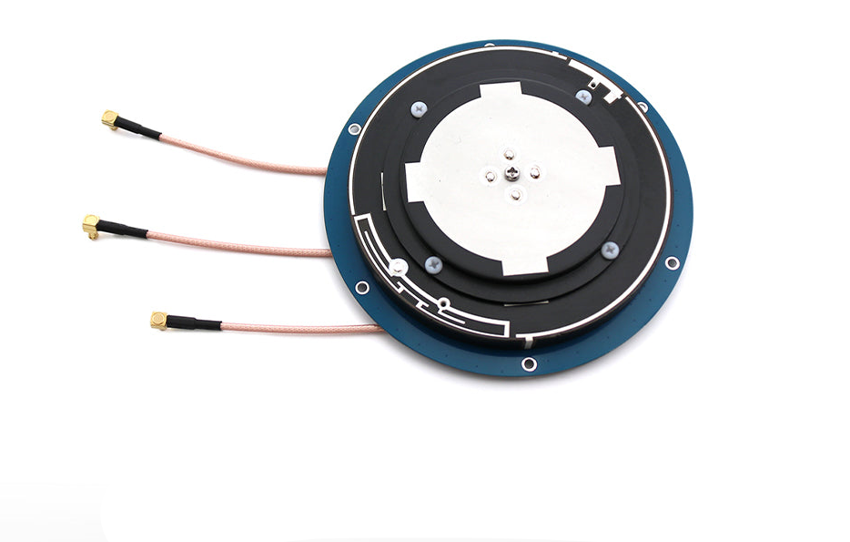 BT-304B round GNSS antenna underside with three coax pigtails and small RF connectors